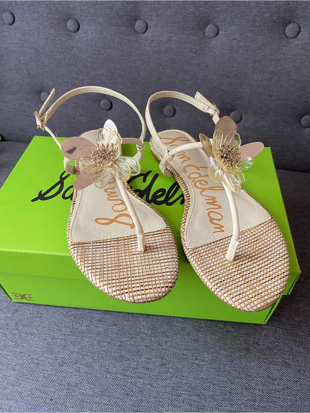 Sam Edelman Metallic Gold Floral T-Strap Sandals with Iridescent Accents